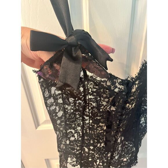 Victoria’s Secret Gold Label Black Lace Satin Button Zip Back Teddy sz L EUC - Picture 3 of 8